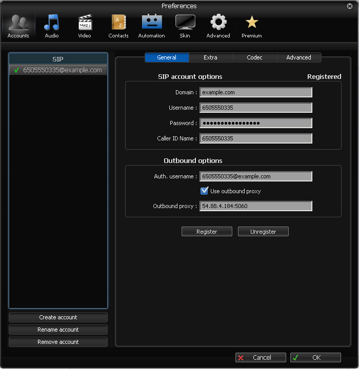 6505550335 registered zoiper